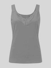 Dark gray ribbed tank top with lace V-neck inset.
