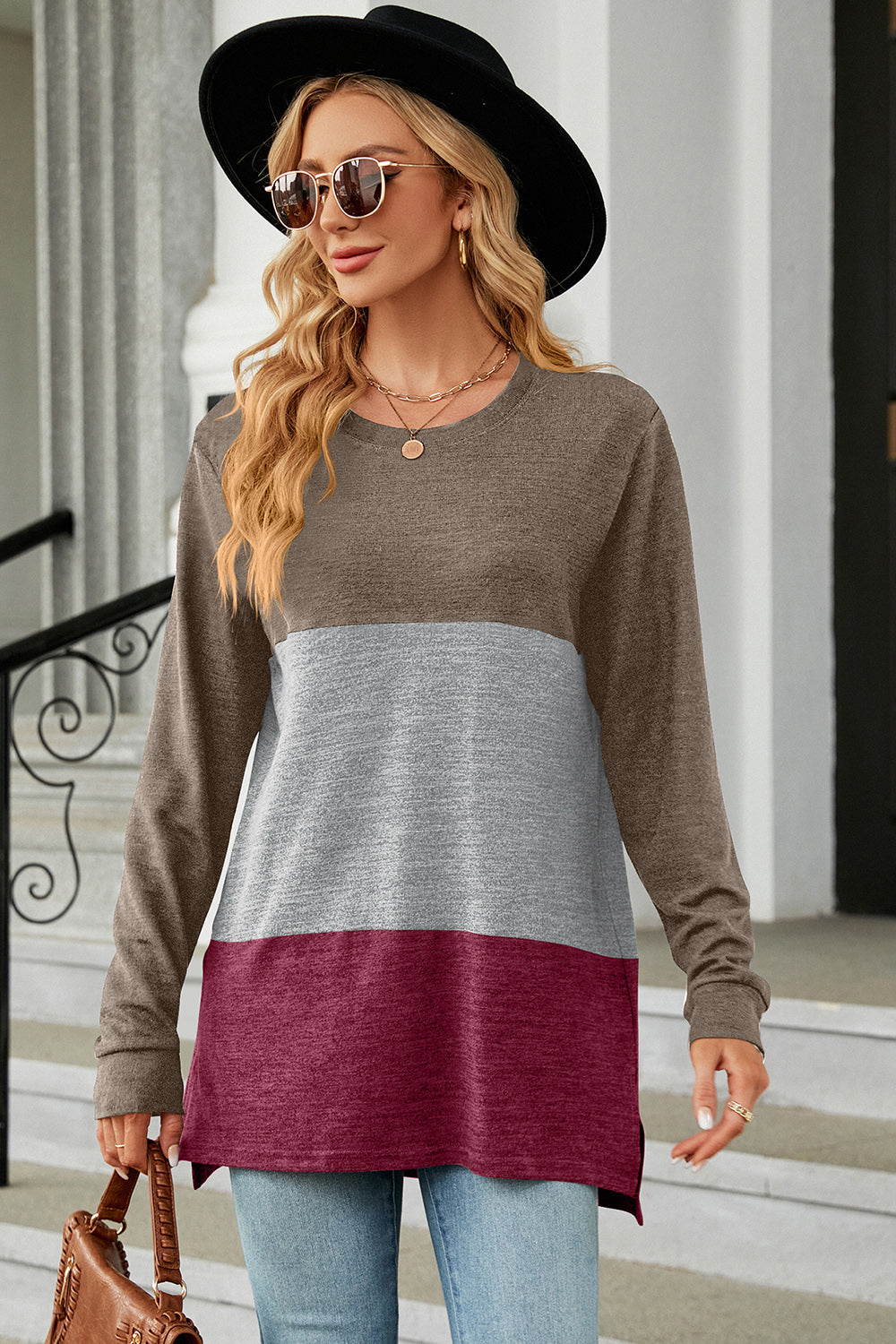 Colorblock long sleeve tee with crew neck and side slits in brown, gray, and burgundy.