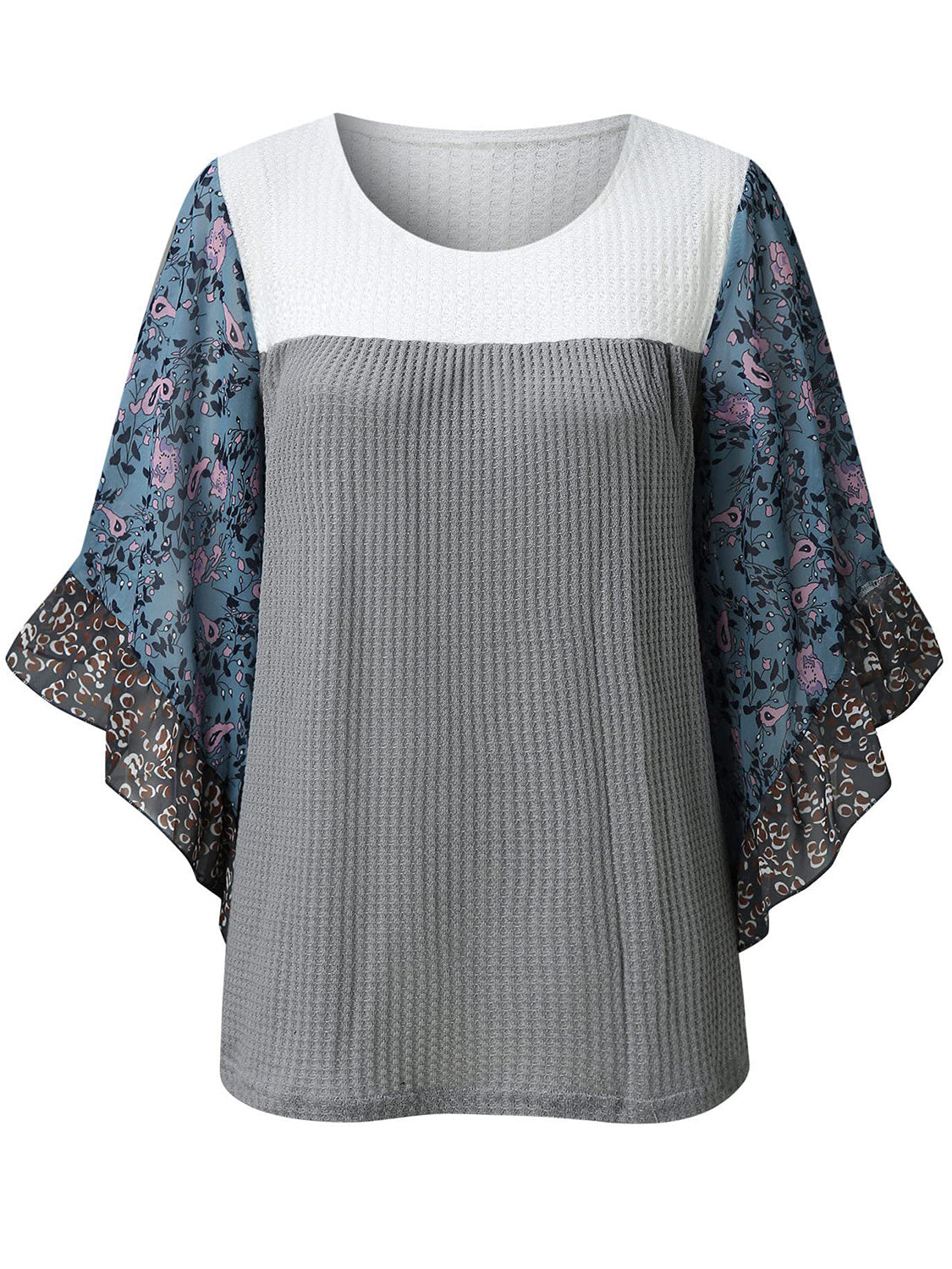 Textured panel blouse with white, gray, and blue floral flutter sleeves.
