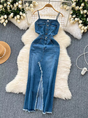 Cutout denim maxi dress with button front, chest pockets, and frayed hem slit