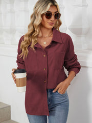 Burgundy corduroy overshirt with patch pockets and button front.