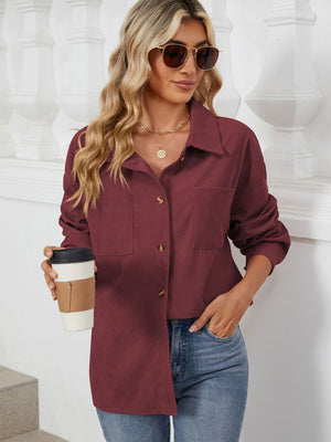 Burgundy corduroy overshirt with patch pockets and button front.