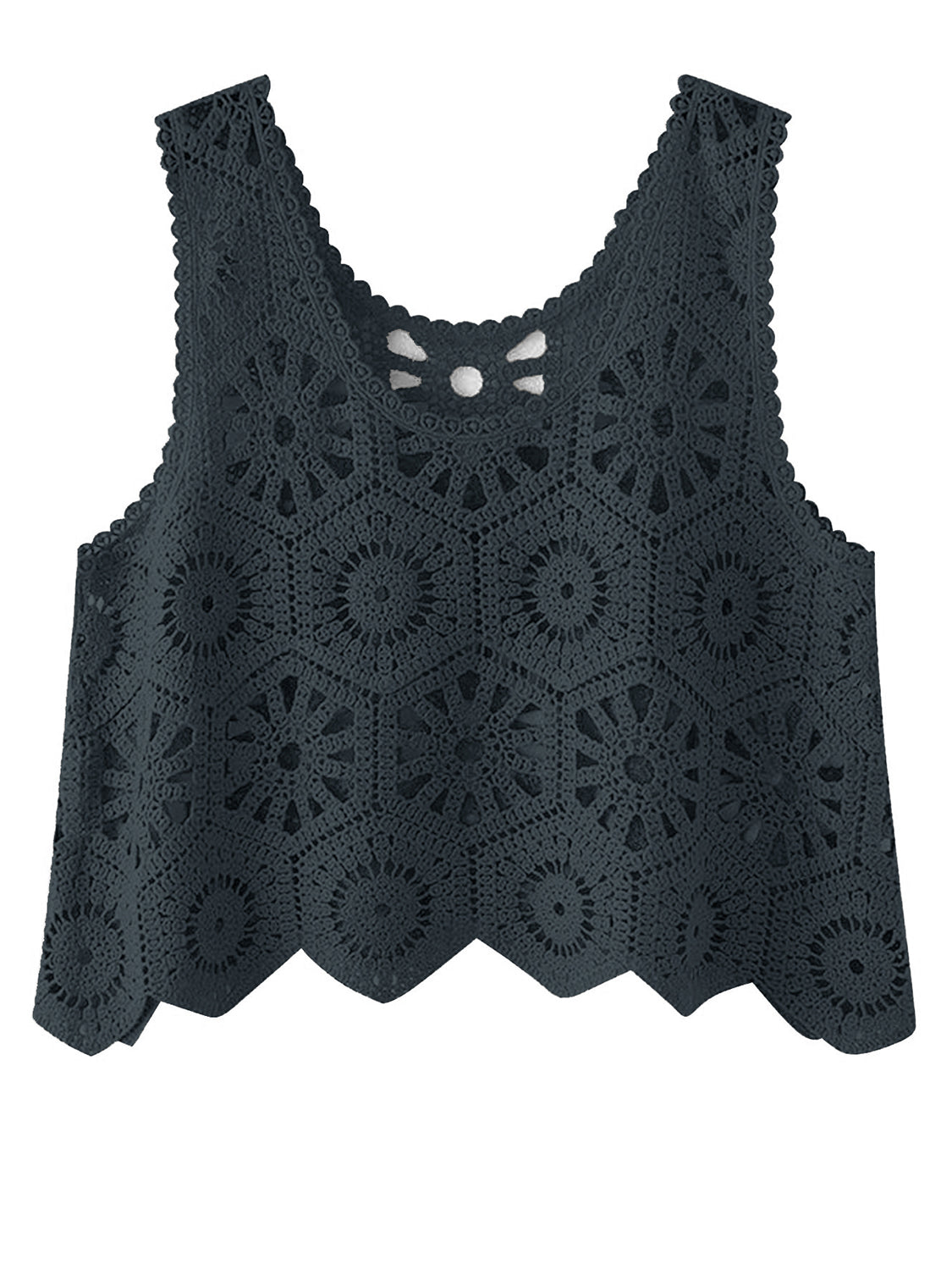Dark Gray crochet medallion tank top with scalloped hem and cutout detail at neckline.