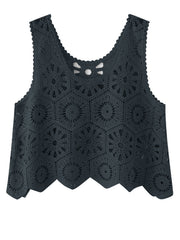 Dark Gray crochet medallion tank top with scalloped hem and cutout detail at neckline.