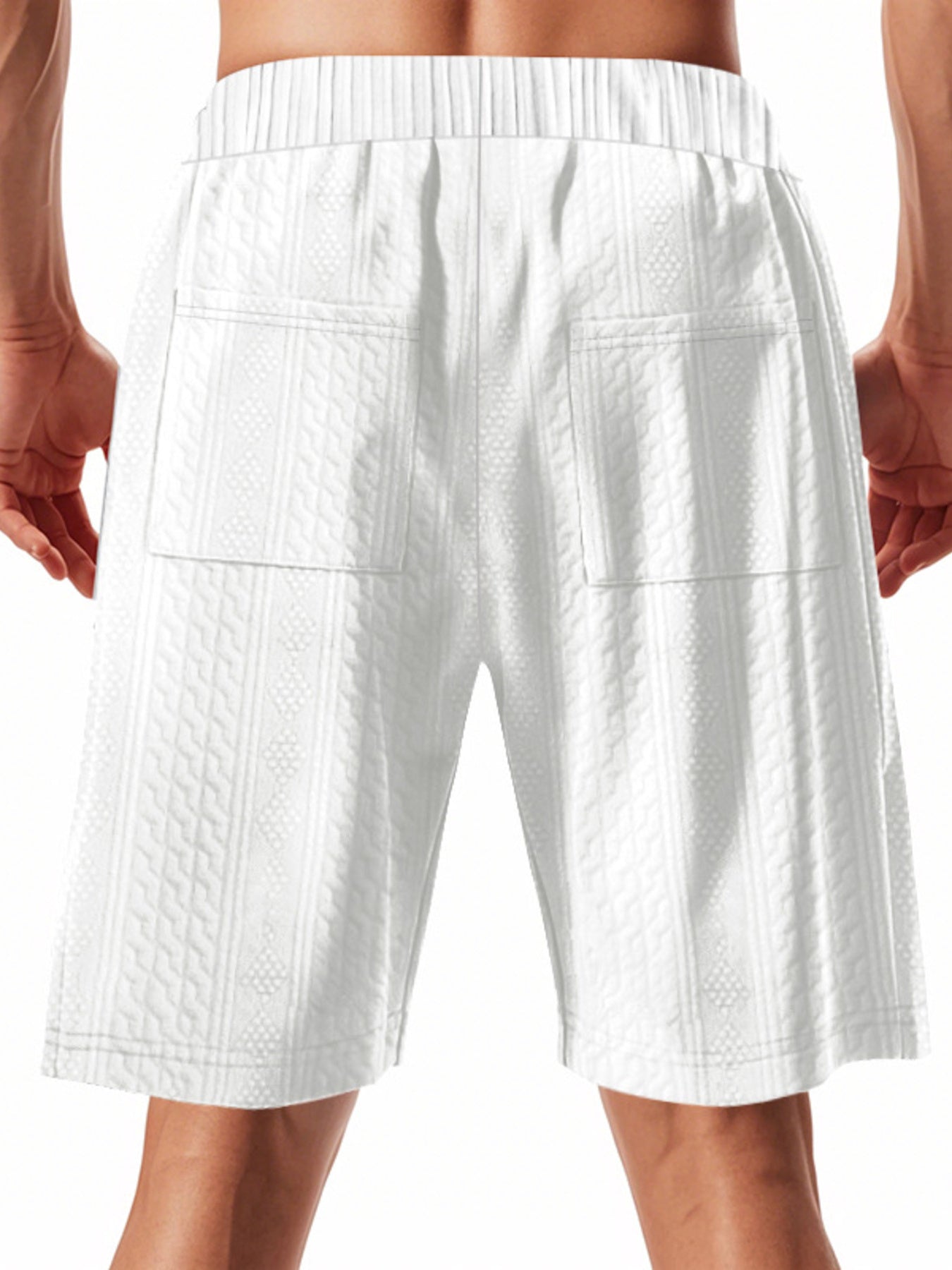 White quilted texture drawstring men's chino shorts with diamond pattern and back pockets.