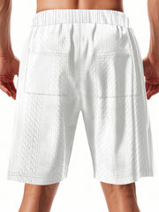 White quilted texture drawstring men's chino shorts with diamond pattern and back pockets.