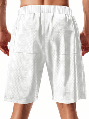 White quilted texture drawstring men's chino shorts with diamond pattern and back pockets.