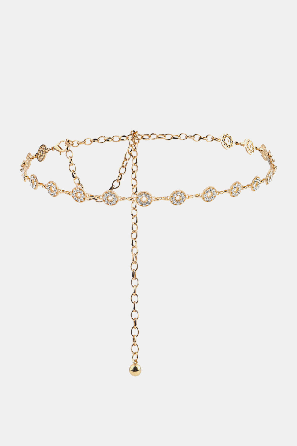 Gold chainmail belt with crystal-embellished oval links and a dangling chain with a ball end.