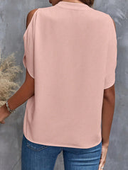 Open-shoulder blouse in Watermelon pink polyester with short sleeves and a keyhole neckline.