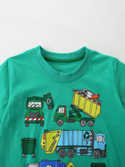 Green cotton t-shirt with playful vehicle graphics for toddlers.