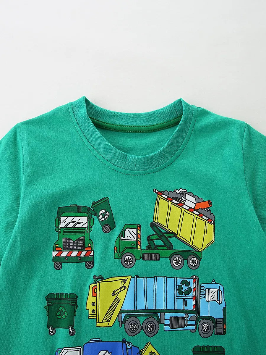 Green cotton t-shirt with playful vehicle graphics for toddlers.