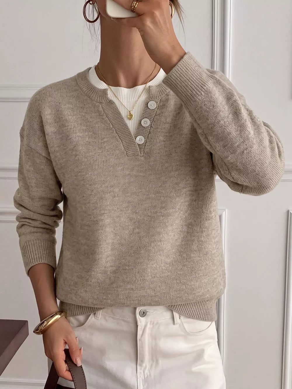 Dropped Shoulder Long Sleeve Sweater in Khaki, back view
