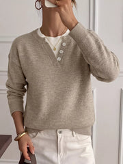 Dropped Shoulder Long Sleeve Sweater in Khaki, back view