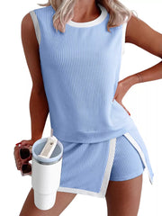 Light blue ribbed knit tank top and skort set with white trim
