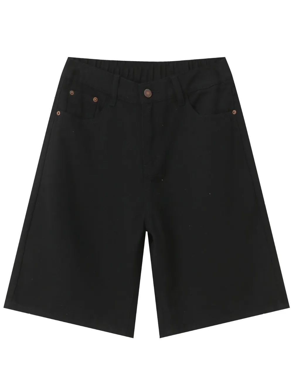 Black textured denim bermuda shorts with a wide leg and casual fit.