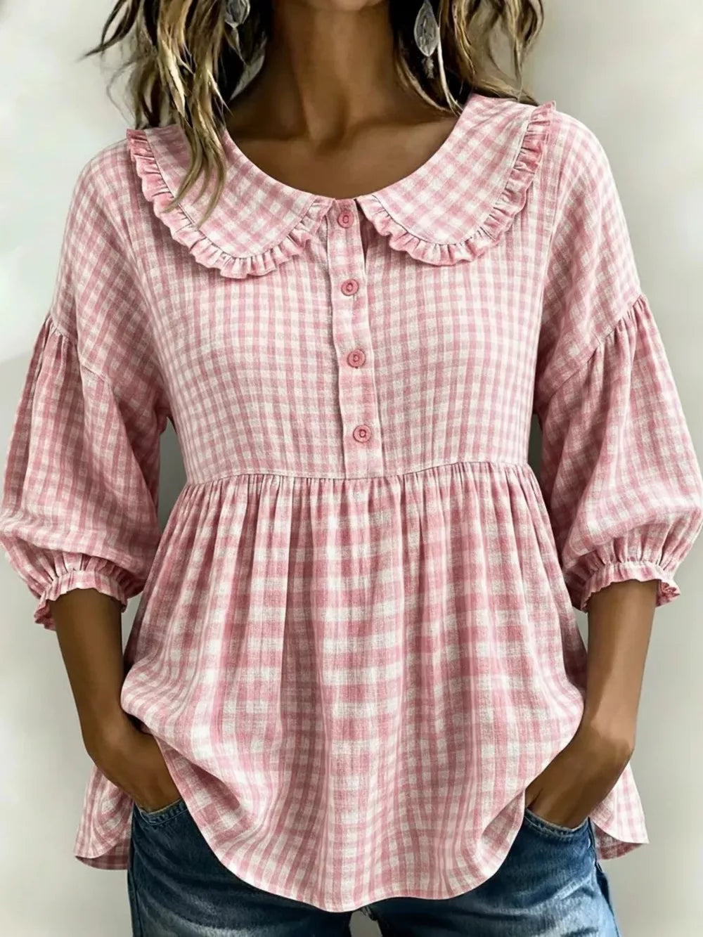 Full Size Gingham Peter Pan Collar Blouse Plus Size, alternate angle