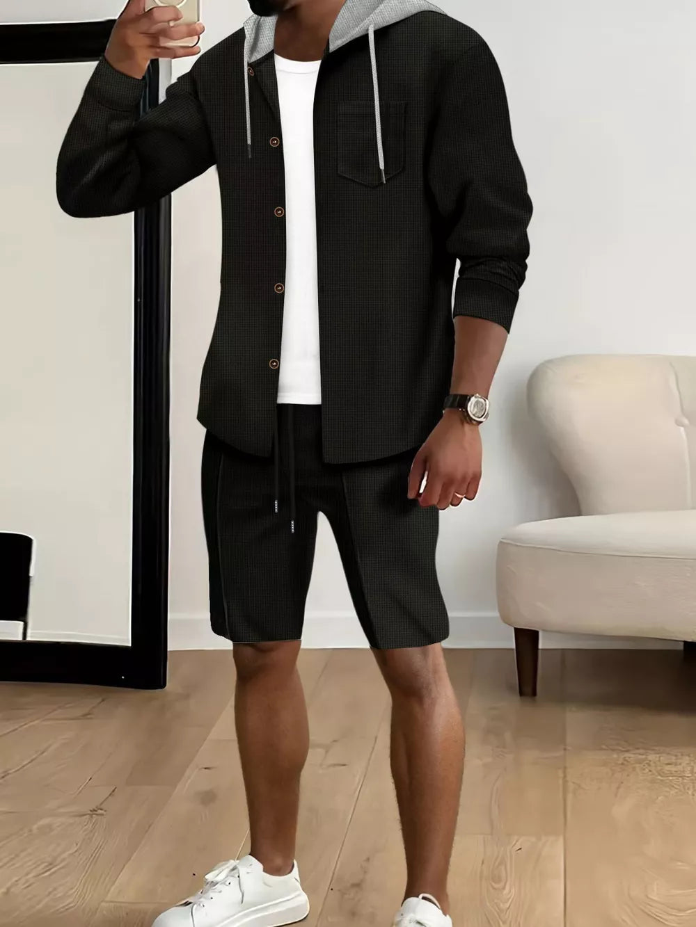 Men's Casual Hooded Button-up Shirt And Shorts Set, fit detail