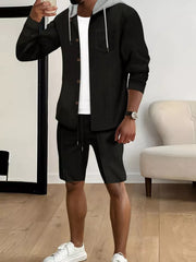 Men's Casual Hooded Button-up Shirt And Shorts Set, fit detail