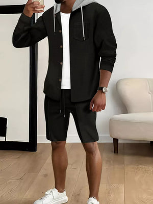 Men's Casual Hooded Button-up Shirt And Shorts Set, fit detail
