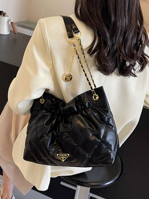 Ruched Leather Shoulder Bag in Black, model styling view