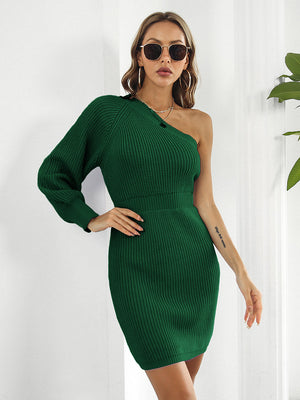 One-sleeve knit mini dress in Black Forest green with a ribbed texture and fitted silhouette.