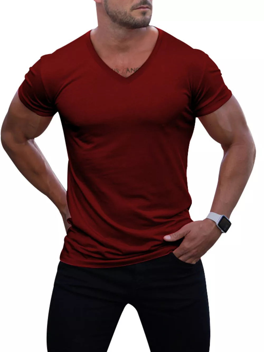Men's Full Size V-neck Slim Fit Casual T-shirt in Light Gray, alternate angle