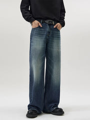 Men's wide-leg wash denim jeans in French Blue with a relaxed fit.