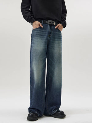 Men's wide-leg wash denim jeans in French Blue with a relaxed fit.