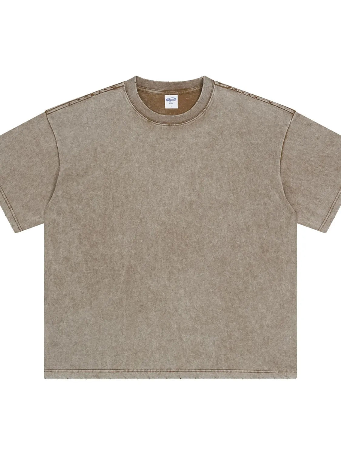 Mocha acid wash half-sleeve round neck tee with visible stitching details.
