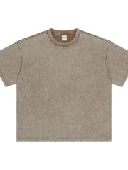 Mocha acid wash half-sleeve round neck tee with visible stitching details.