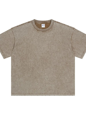 Mocha acid wash half-sleeve round neck tee with visible stitching details.