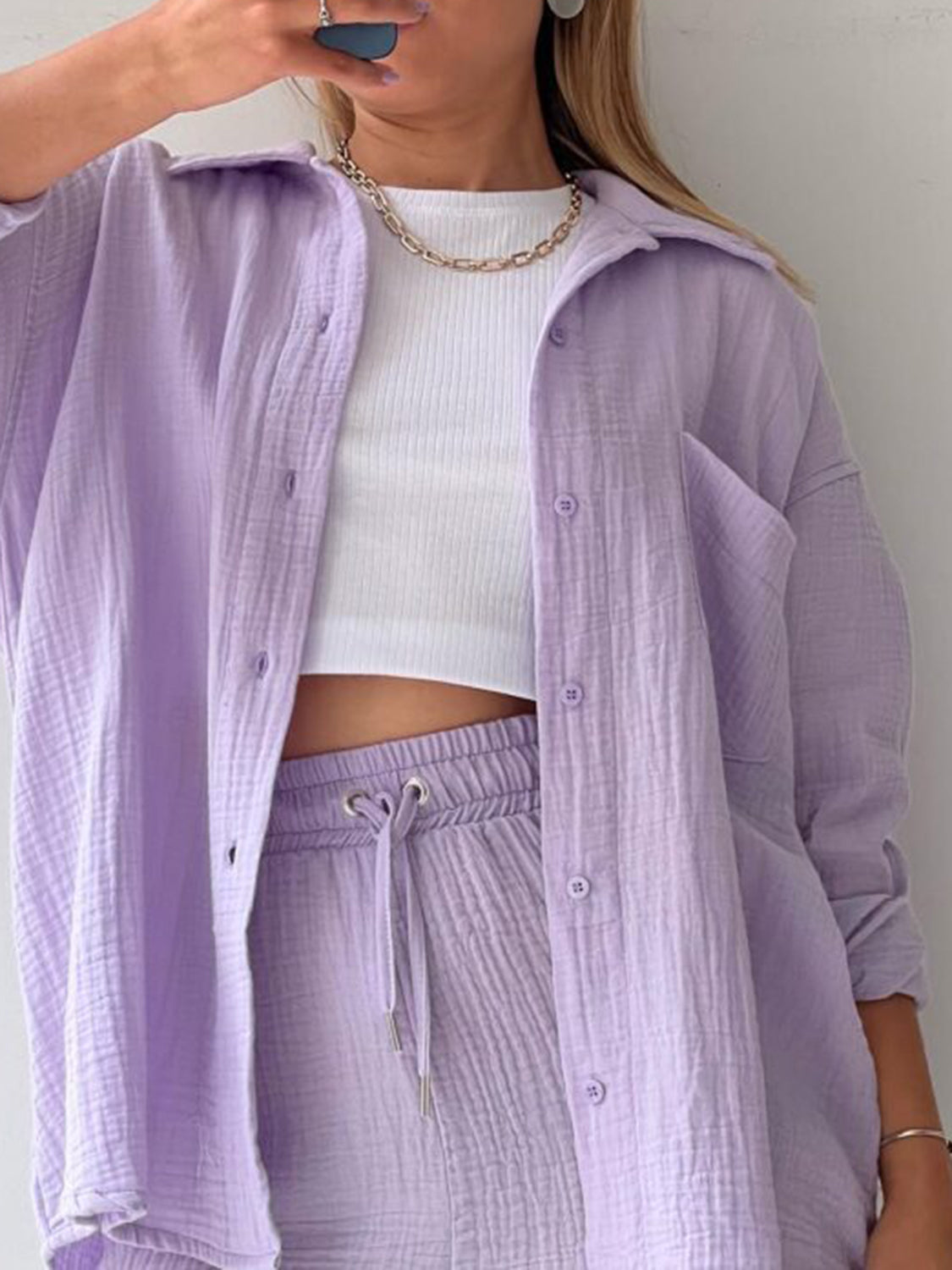 Lavender textured gauze shirt and shorts set with drawstring waist