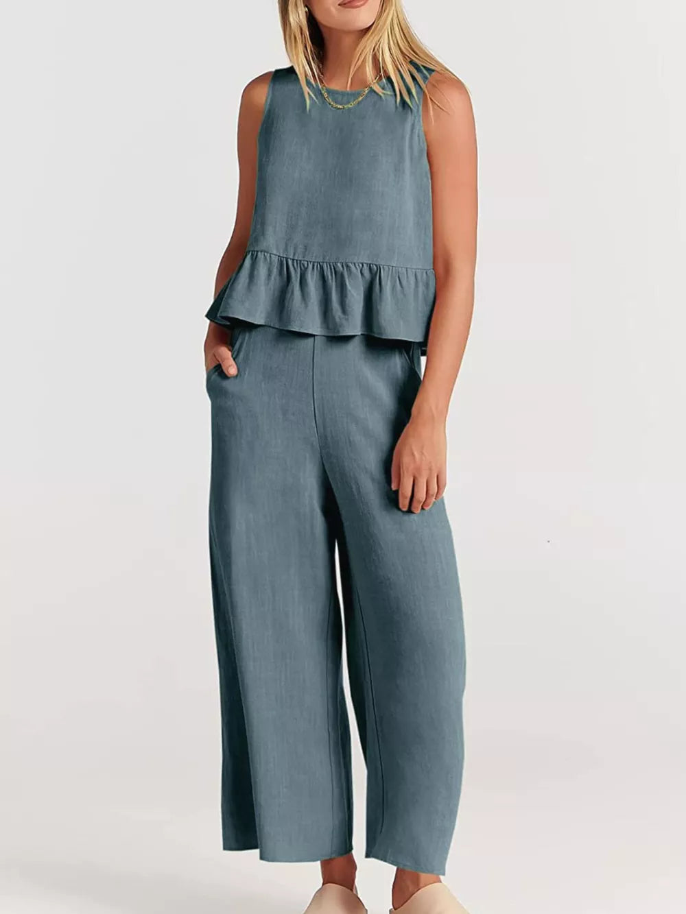 Ruffled Hem Sleeveless Top And Wide-leg Pants Set Plus Size in Black, front view