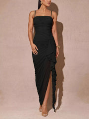 Ruched Ruffled Asymmetrical Maxi Dress