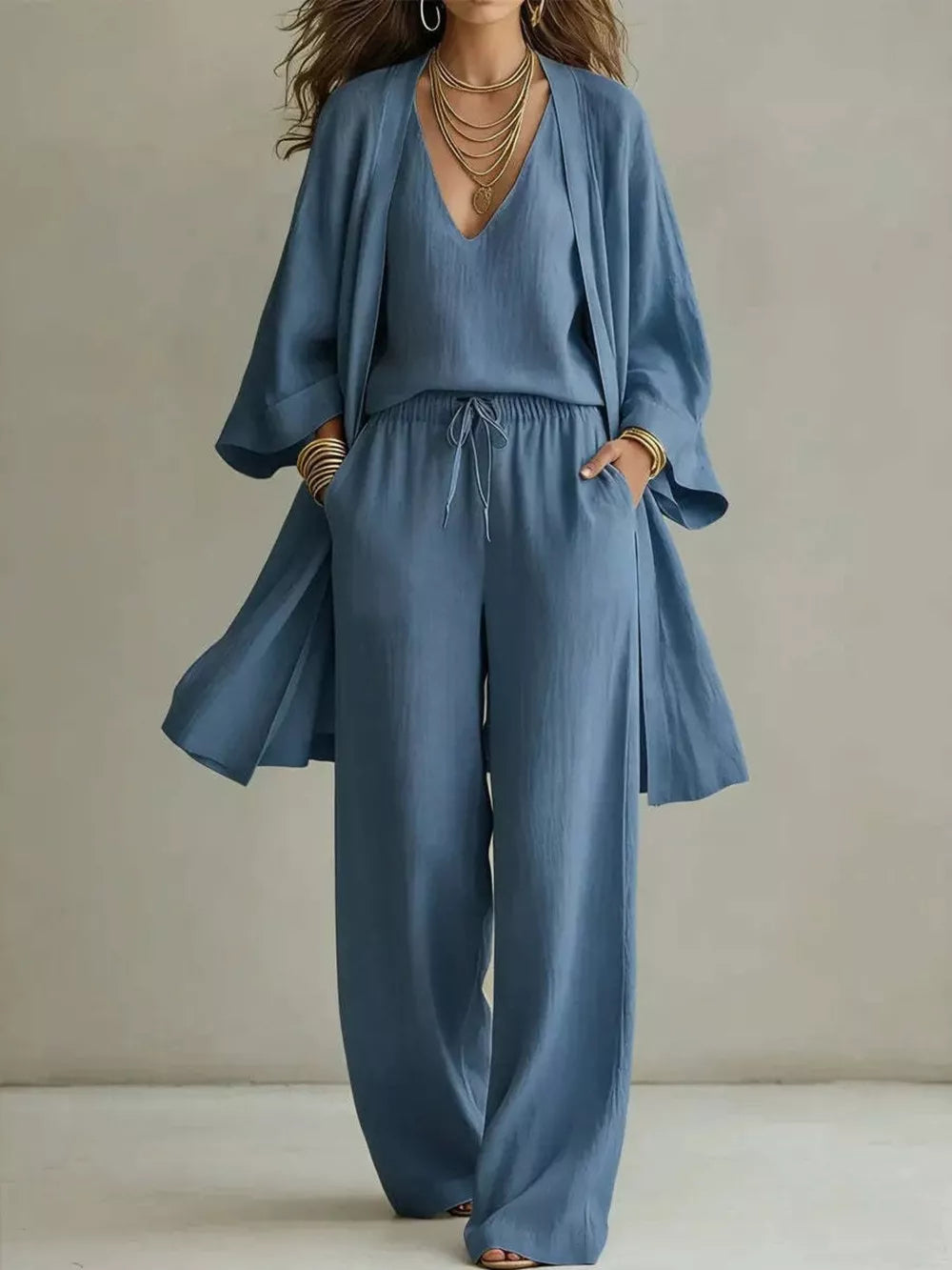 Relaxed V-neck Top And Cardigan Set
