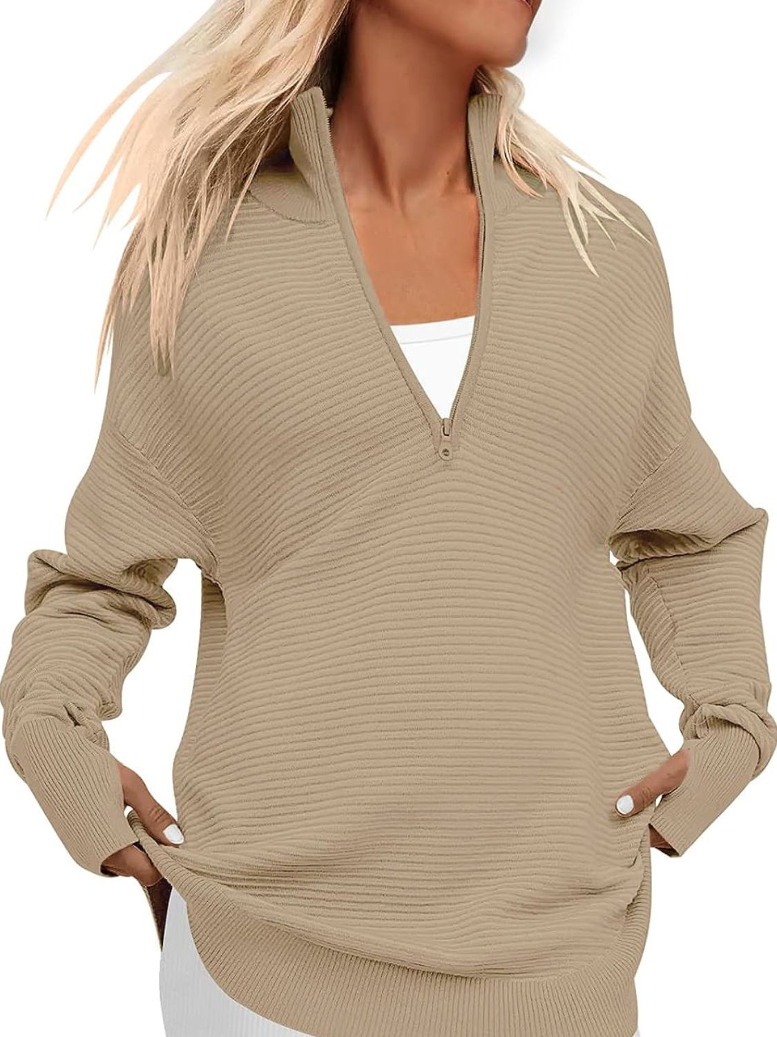 Camel ribbed knit funnel neck pullover sweater with quarter zip and long sleeves.