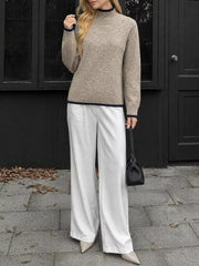 Cozy Mock Neck Sweater With Contrast Trim in Khaki, alternate angle