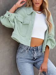 Waffle knit cropped utility jacket in camel with button closure
