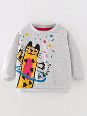 Kids light gray cotton crewneck sweatshirt with a cartoon cat graphic and confetti.