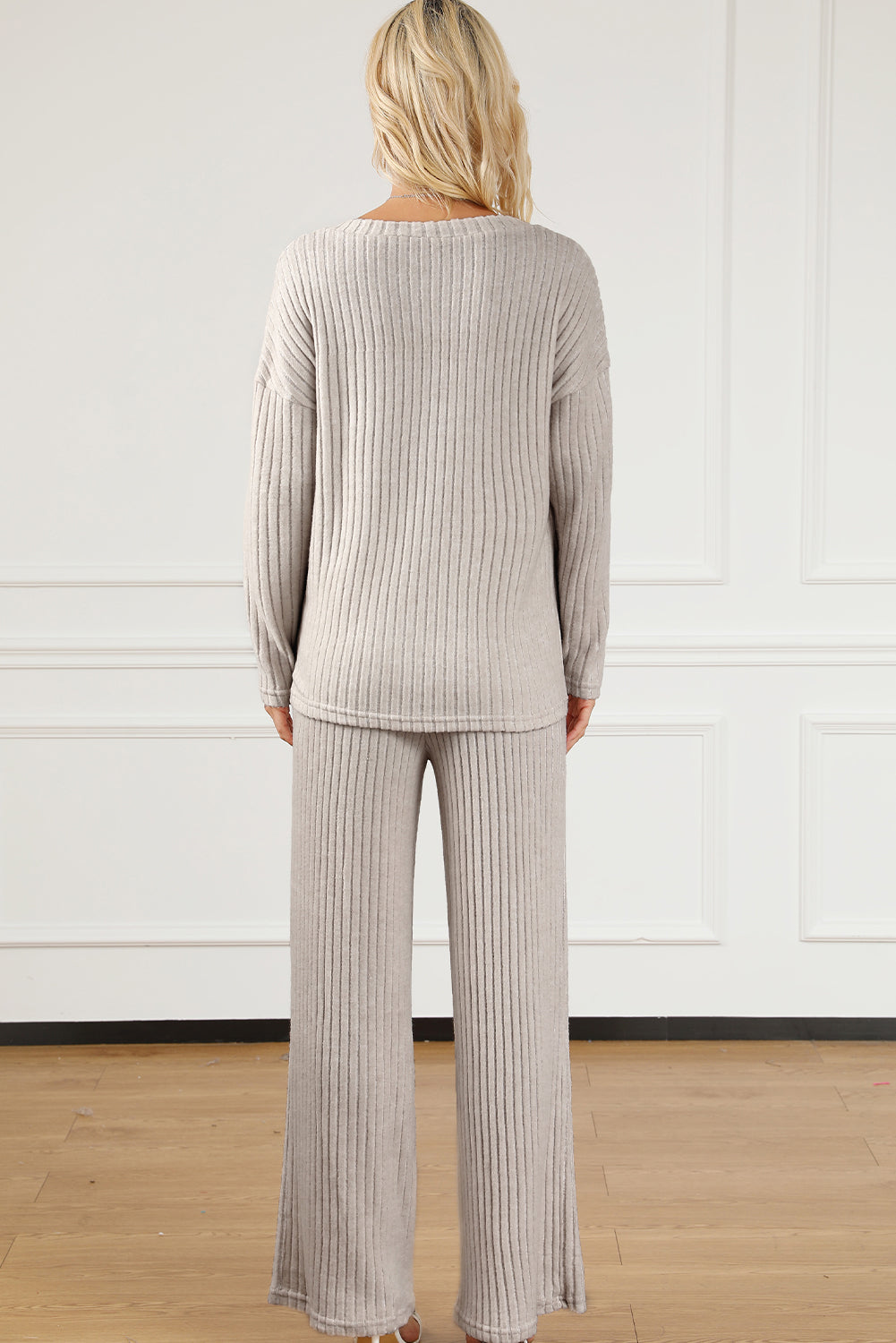 Light Gray ribbed knit loungewear set with wide-leg pants and long-sleeve top.
