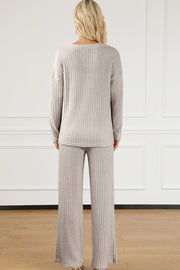 Light Gray ribbed knit loungewear set with wide-leg pants and long-sleeve top.