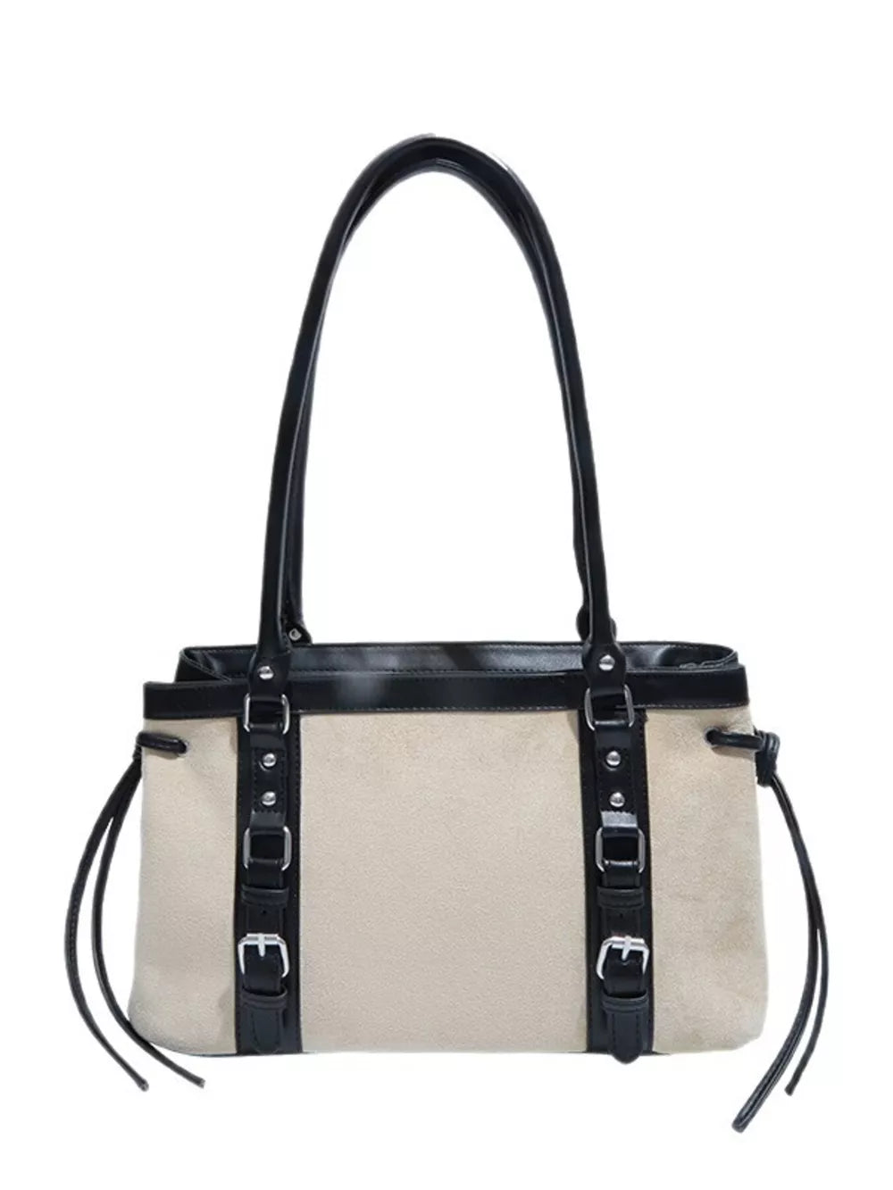 Two-tone suede tote bag with black leather trim and buckle details.
