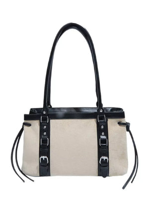 Two-tone suede tote bag with black leather trim and buckle details.