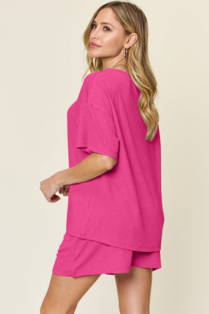 Waffle knit boxy tee and shorts set in hot pink, casual short sleeve top and comfortable shorts.