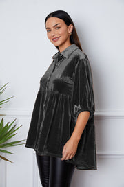 Charcoal velvet tiered button-down tunic with puff sleeves and a collared neckline.