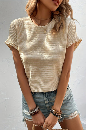 Ruffle Chic Short Sleeve Top in Dust Storm, a women's casual blouse.