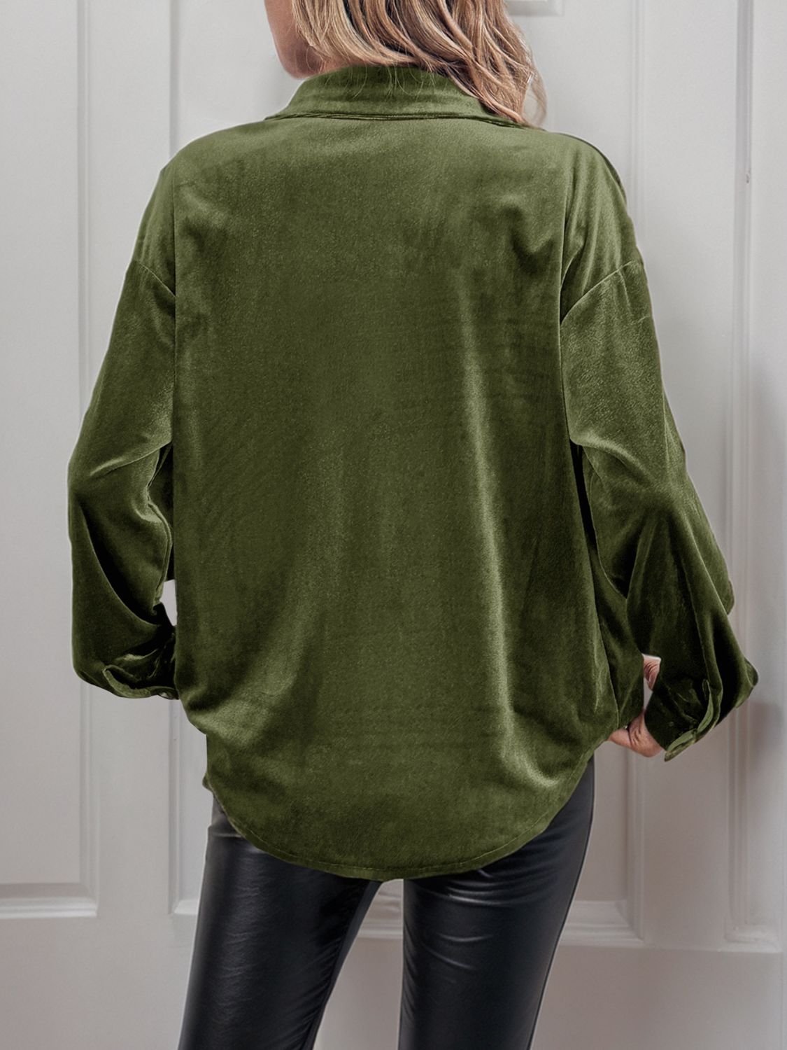 Moss velvet blouson sleeve button-up blouse with a relaxed fit.