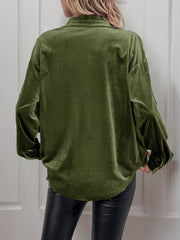 Moss velvet blouson sleeve button-up blouse with a relaxed fit.