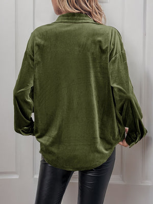 Moss velvet blouson sleeve button-up blouse with a relaxed fit.