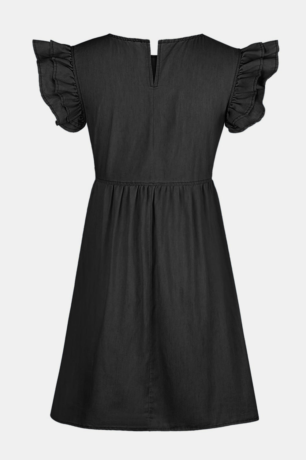 Black denim babydoll dress with ruffled short sleeves and a V-neckline.